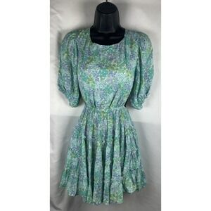 Sky to Moon Women's‎ Size S Dress Green Blue Floral Open Back Balloon Sleeves